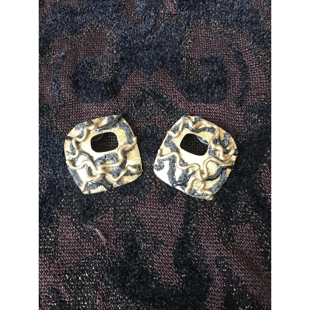 La Rage Vintage Pierced Earrings Modernist Mixed Materials Textured Metal Square